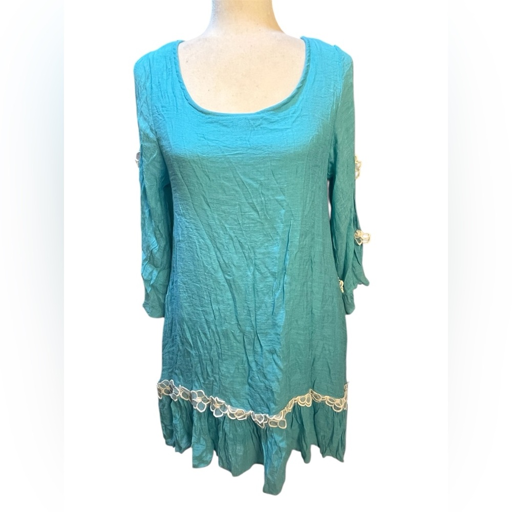 Aqua Tunic with Pockets and Lace Accents